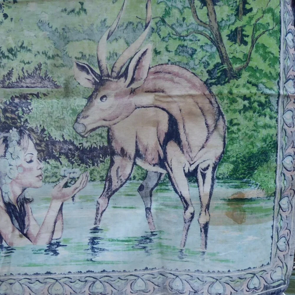 Vintage RT RTC Velvet Felt Tapestry Nude Nymph Fairy Goddess Gazelle 48 x 32